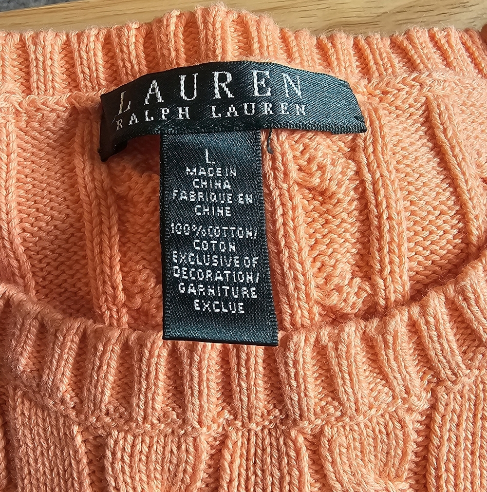 L-RL Women's Soft Orange & White Cable Crewneck Knit Sweater Size--L - Picture 9 of 10